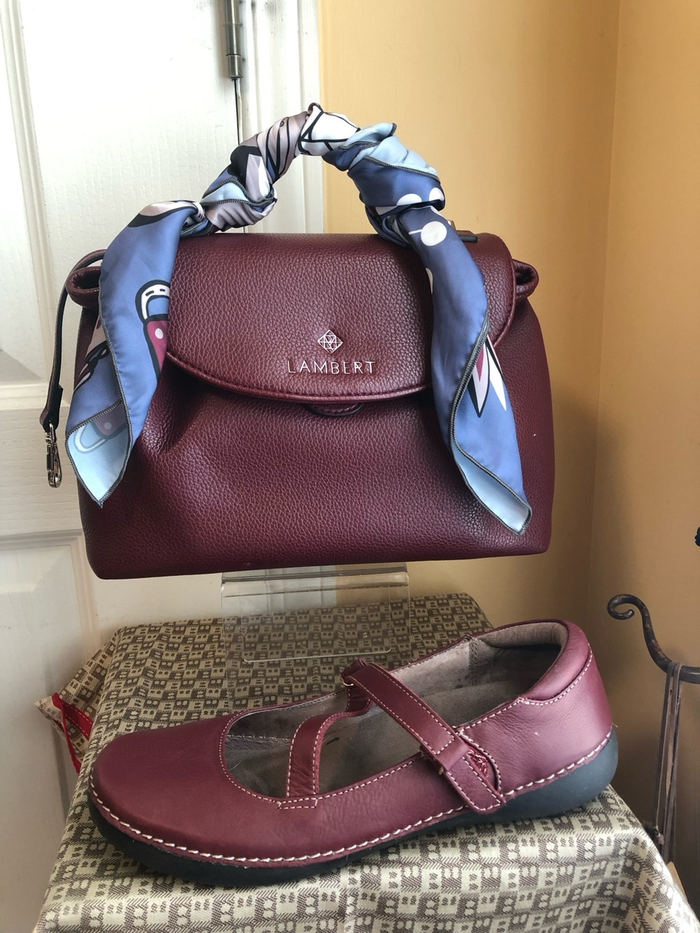 Lambert Lili Burgundy Pebbled vegan Leather with lambert Scarf Accent